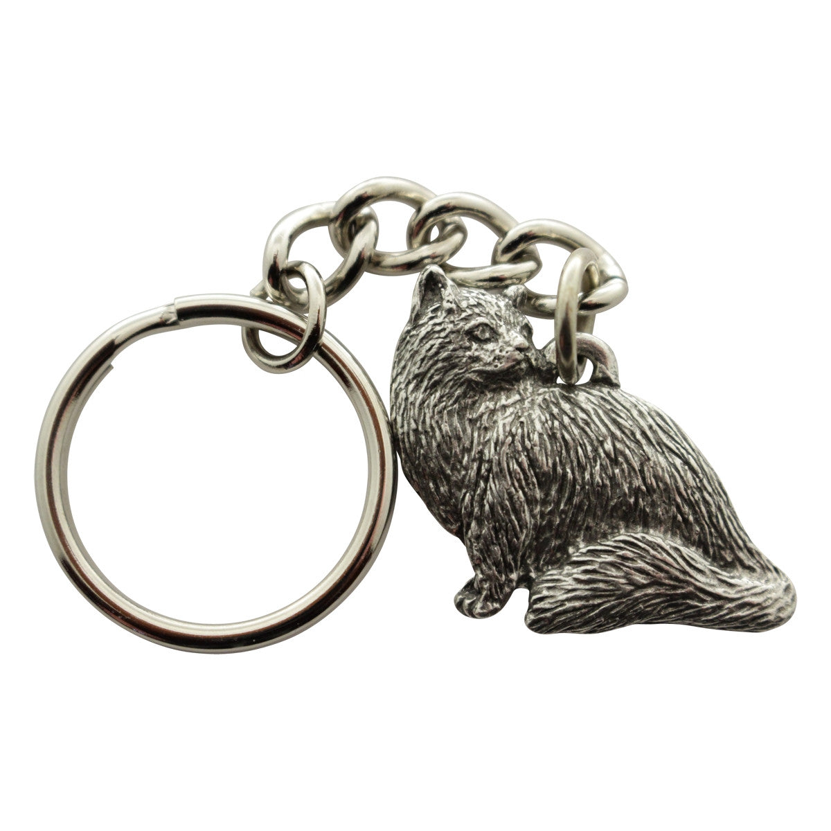 Sitting Longhaired Cat Keychain ~ Antiqued Pewter ~ Keychain ~ Antiqued Pewter Keychain ~ Sarah's Treats & Treasures